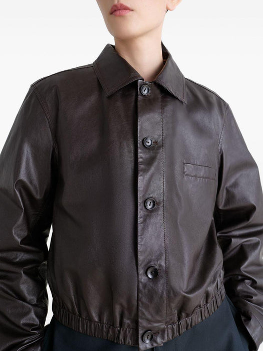buttoned-up elasticated leather jacket<BR/><BR/><BR/><BR/><BR/> OW1158 LL0146BR560 LEMAIRE