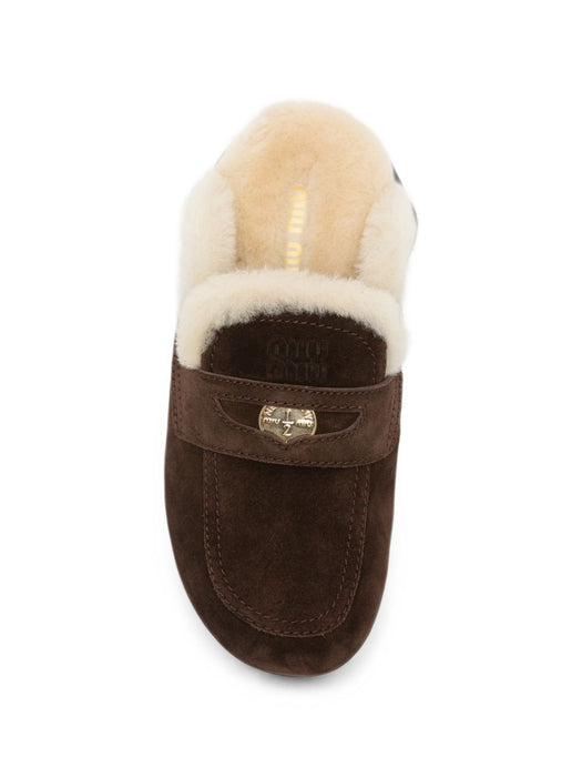 Shearling-lined suede flat mules 5D058E F D010 Z0GF0003 MIU MIU 