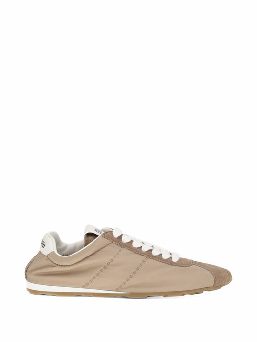 Antiqued pink fabric and suede plume sneakers<BR/> 5E114E FD005 D7CF01DP MIU MIU 