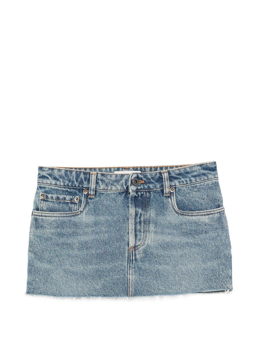 logo-patch frayed-hem mini denim skirt GWD360 S OOO 192UF0008 MIU MIU 