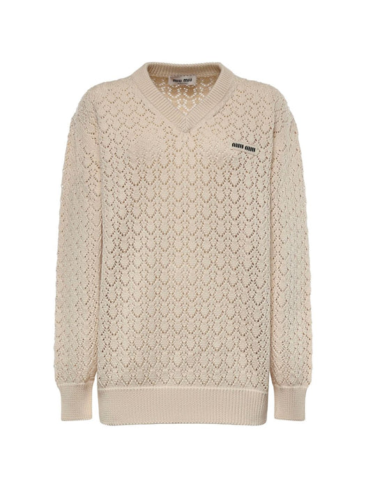 Pointelle-knit logo-patch sweater MML05Z 191AF0304 MIU MIU 
