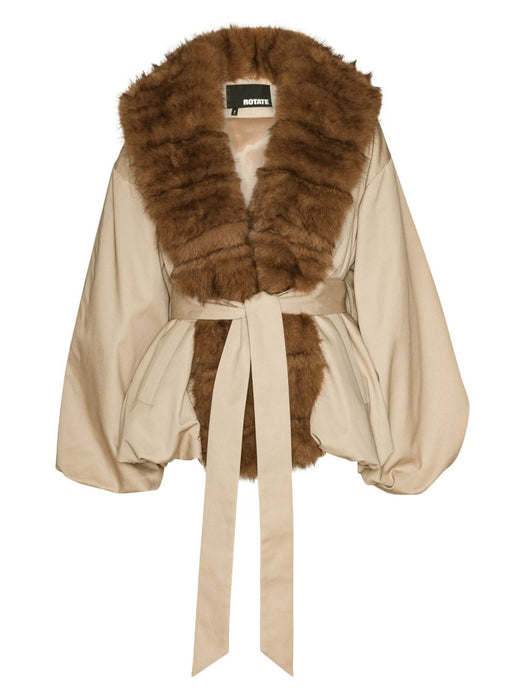 Trimmed-collar belted jacket 115145532  ROTATE 