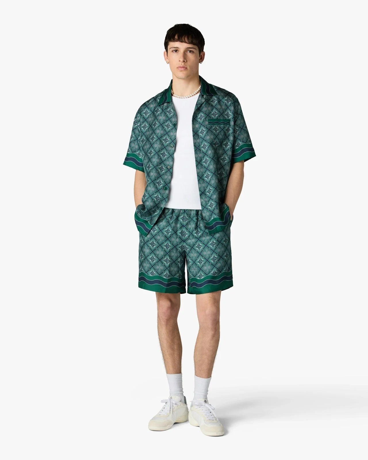 Dark Green Radiating Monogram Short Sleeve Silk Shirt M-PF26-SH-003-08  CASABLANCA 