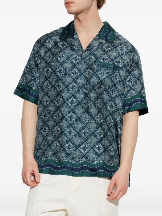 Dark Green Radiating Monogram Short Sleeve Silk Shirt M-PF26-SH-003-08  CASABLANCA 