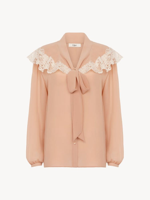 Tie-front gathered blouse in silk georgette & lace CH26AHT38002 6H7 CHLOÉ 