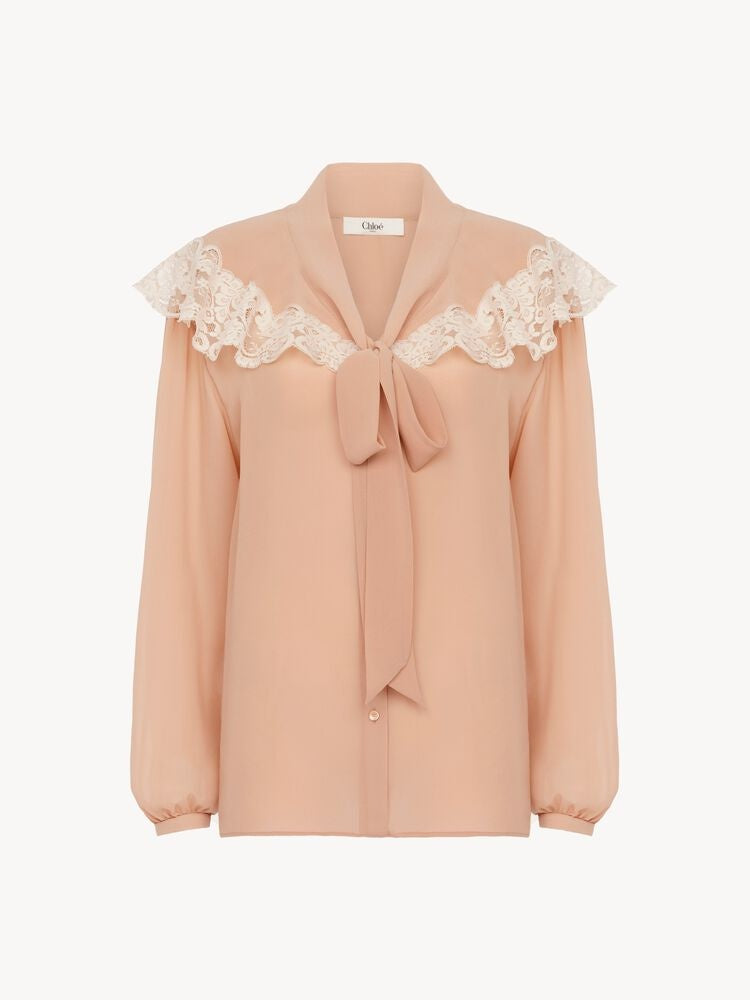 Tie-front gathered blouse in silk georgette & lace CH26AHT38002 6H7 CHLOÉ 