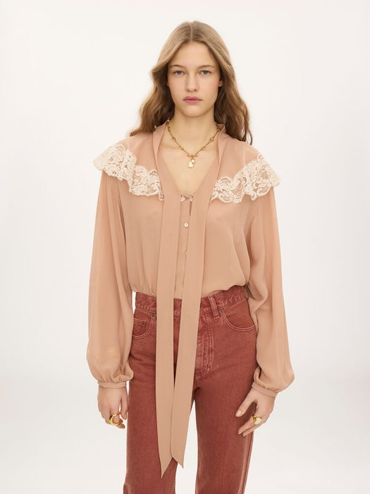 Tie-front gathered blouse in silk georgette & lace CH26AHT38002 6H7 CHLOÉ 
