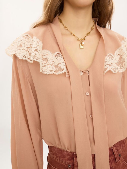 Tie-front gathered blouse in silk georgette & lace CH26AHT38002 6H7 CHLOÉ 