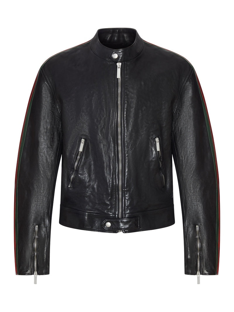 Leather biker jacket with Web 865374 XNBC4 1060 GUCCI 
