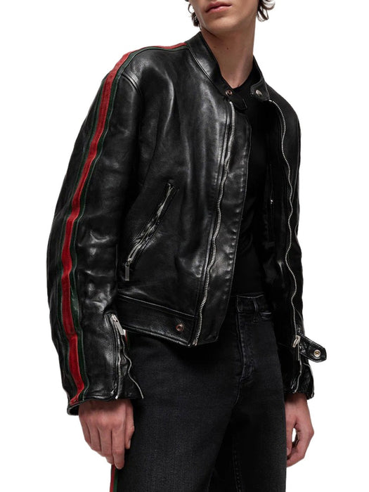 Leather biker jacket with Web 865374 XNBC4 1060 GUCCI 
