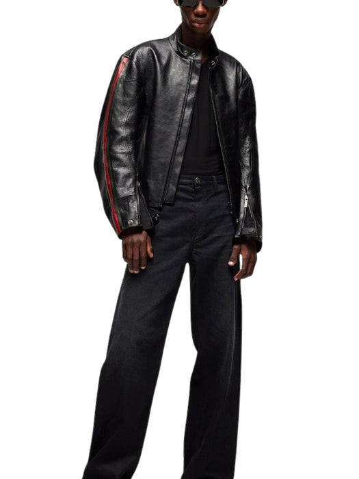 Leather biker jacket with Web detail 874158 XNBDW1060 GUCCI 