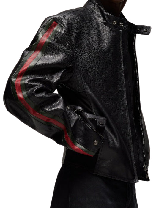Leather biker jacket with Web detail 874158 XNBDW1060 GUCCI 