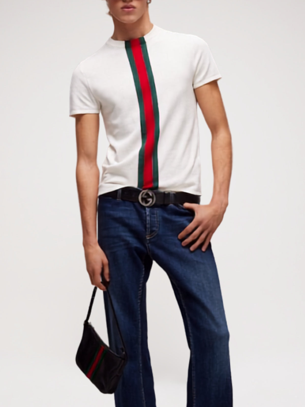 Knit cotton T-shirt with Web intarsia 875176 XKFPC 9043 GUCCI 