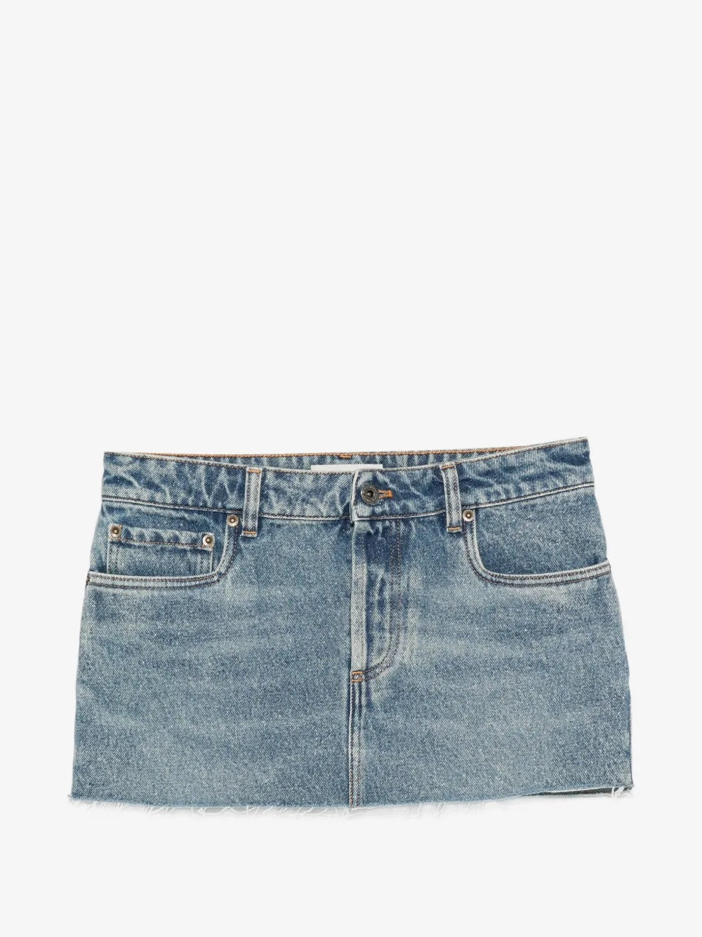logo-patch frayed-hem mini denim skirt GWD360 S OOO 192UF0008 MIU MIU 