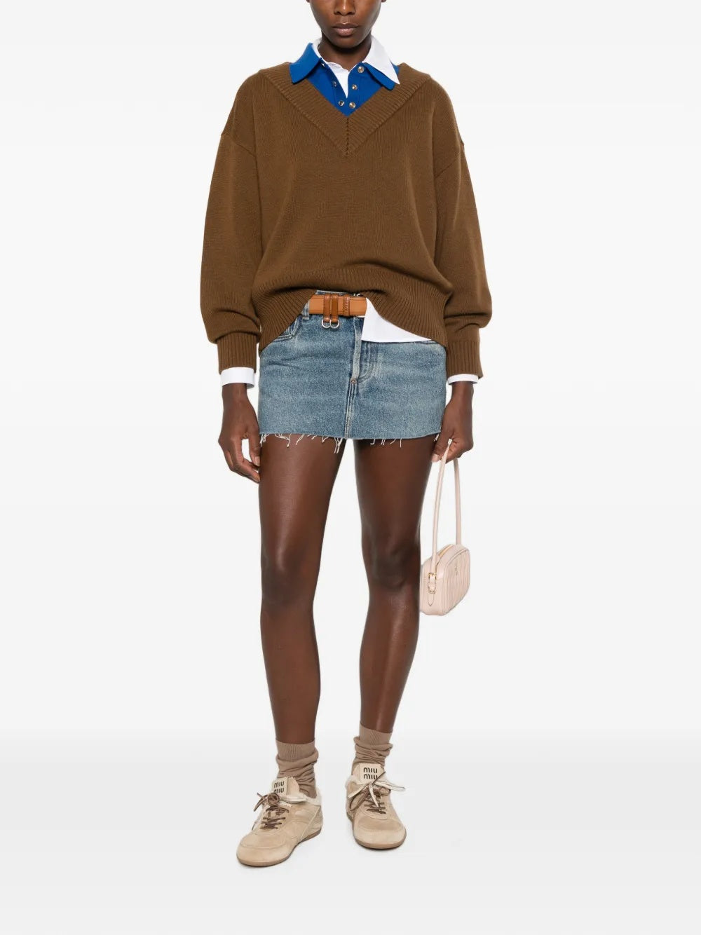 logo-patch frayed-hem mini denim skirt GWD360 S OOO 192UF0008 MIU MIU 