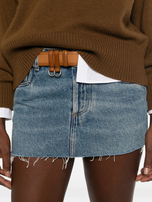 logo-patch frayed-hem mini denim skirt GWD360 S OOO 192UF0008 MIU MIU 
