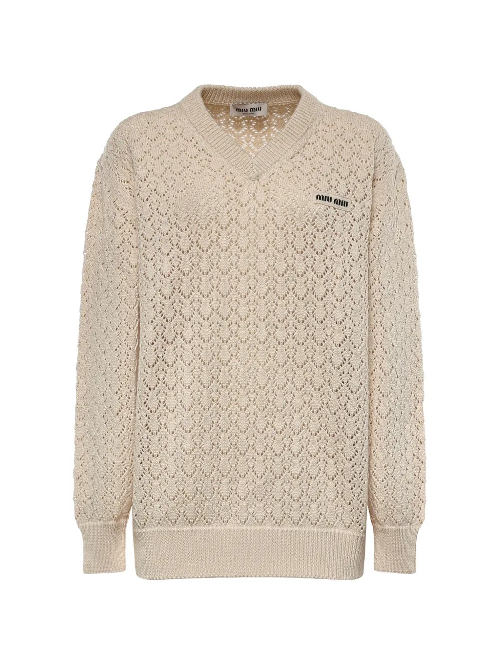 Pointelle-knit logo-patch sweater MML05Z 191AF0304 MIU MIU 