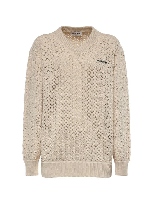 Pointelle-knit logo-patch sweater MML05Z 191AF0304 MIU MIU 