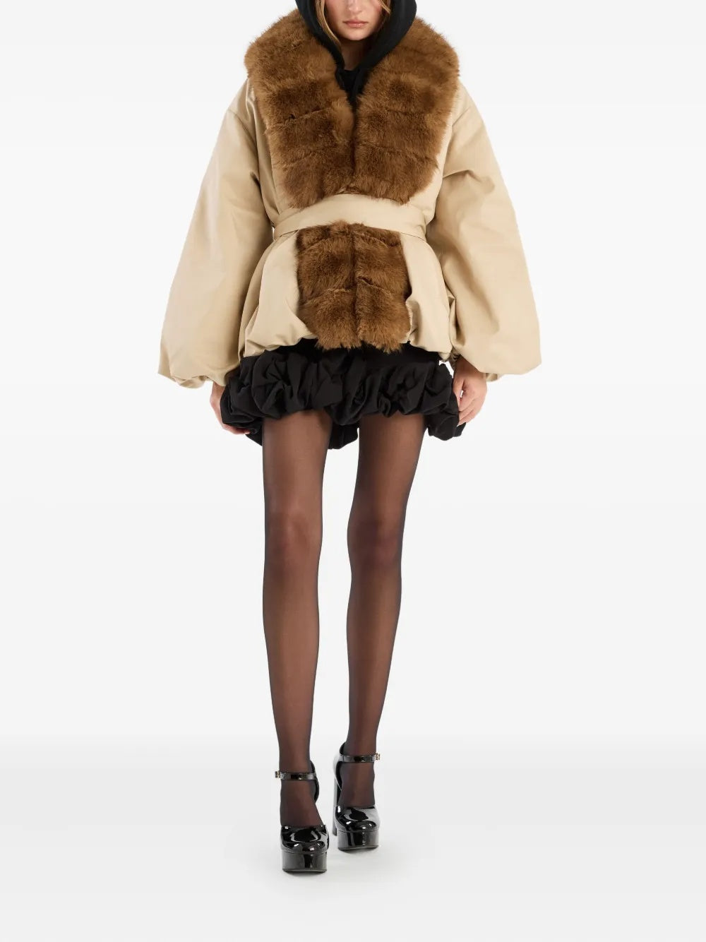 Trimmed-collar belted jacket 115145532  ROTATE 