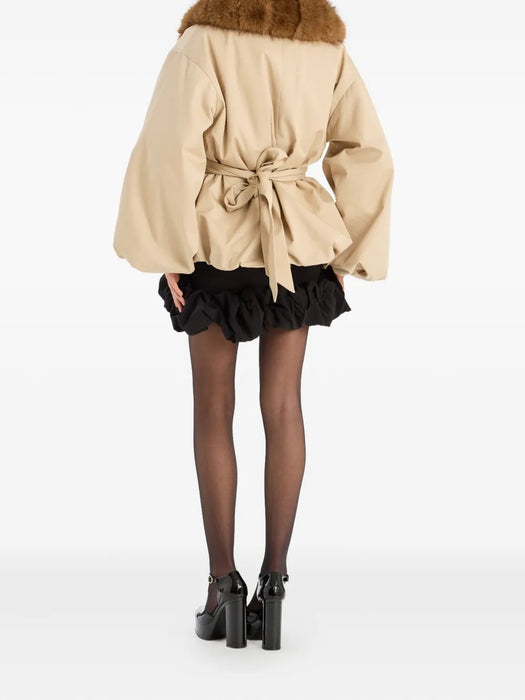 Trimmed-collar belted jacket 115145532  ROTATE 