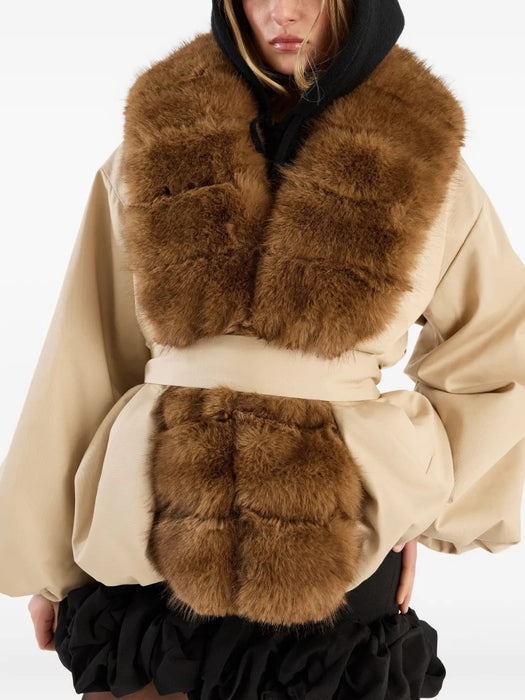 Trimmed-collar belted jacket 115145532  ROTATE 