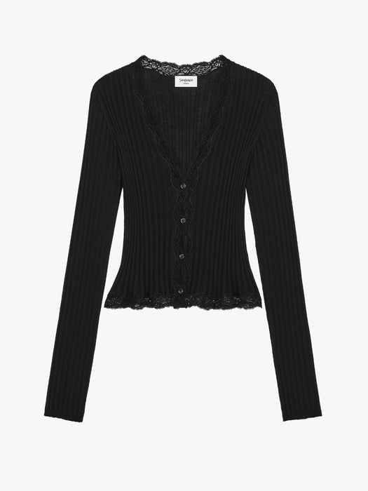 Laced Cardigan in Ribbed Wool, Cashmere, and Silk A00650 Y77PD1000 SAINT LAURENT 