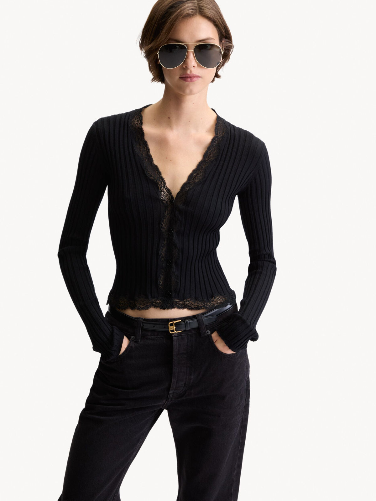Laced Cardigan in Ribbed Wool, Cashmere, and Silk A00650 Y77PD1000 SAINT LAURENT 