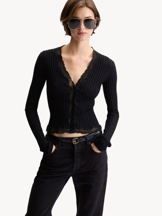 Laced Cardigan in Ribbed Wool, Cashmere, and Silk A00650 Y77PD1000 SAINT LAURENT 