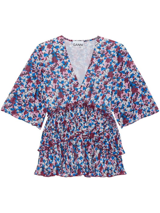 floral-print V-neck pleated blouse F8865 999 GANNI 