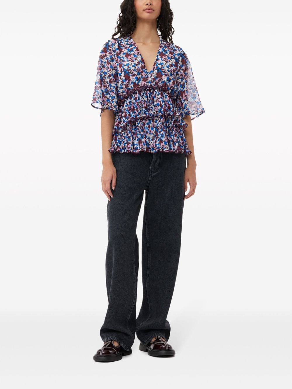 floral-print V-neck pleated blouse F8865 999 GANNI 