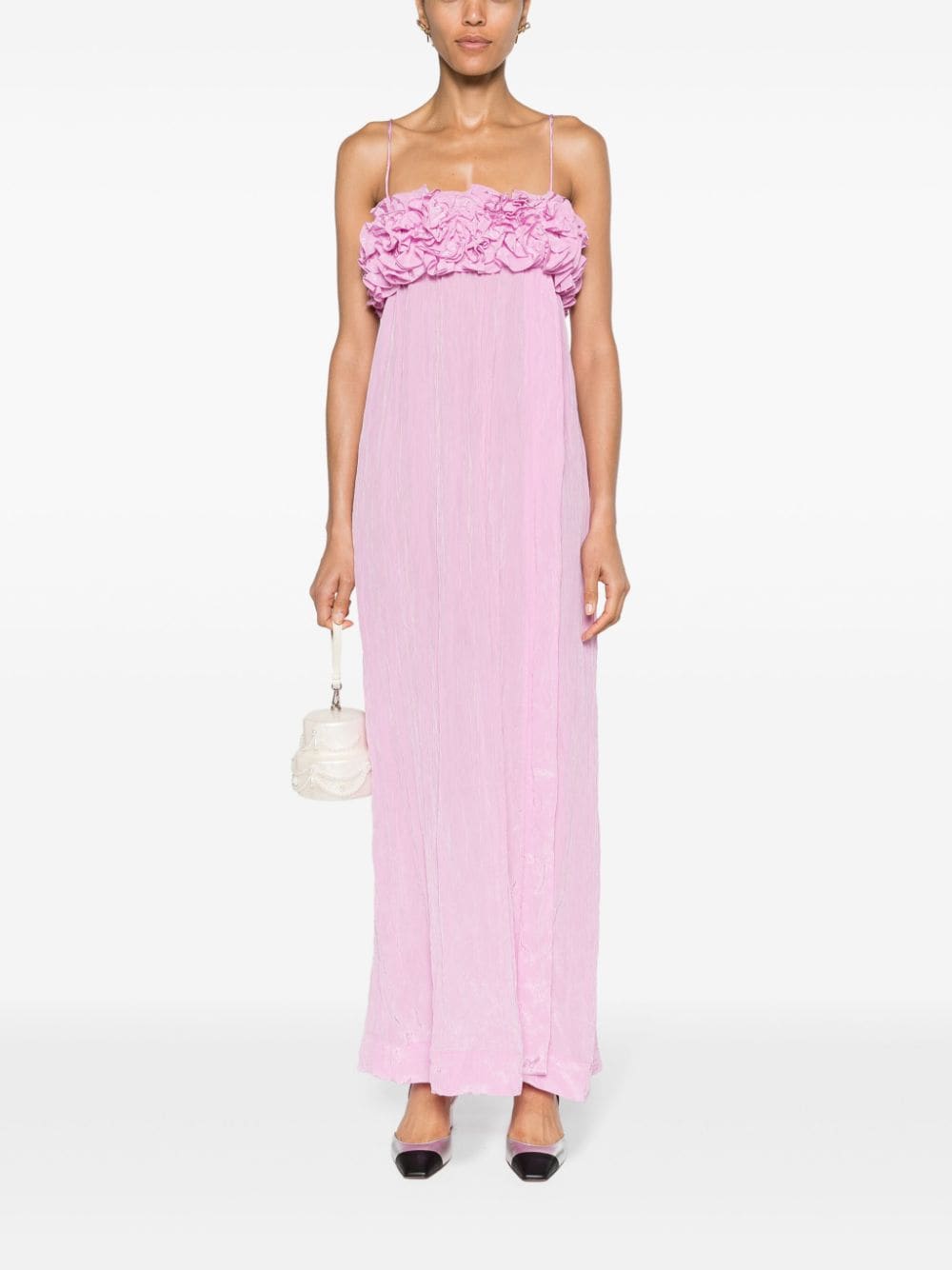 floral-appliqué crinkled maxi dress F8908 395 GANNI 