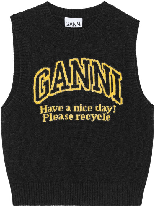 intarsia-knit logo crew-neck vest K2091 099 GANNI 