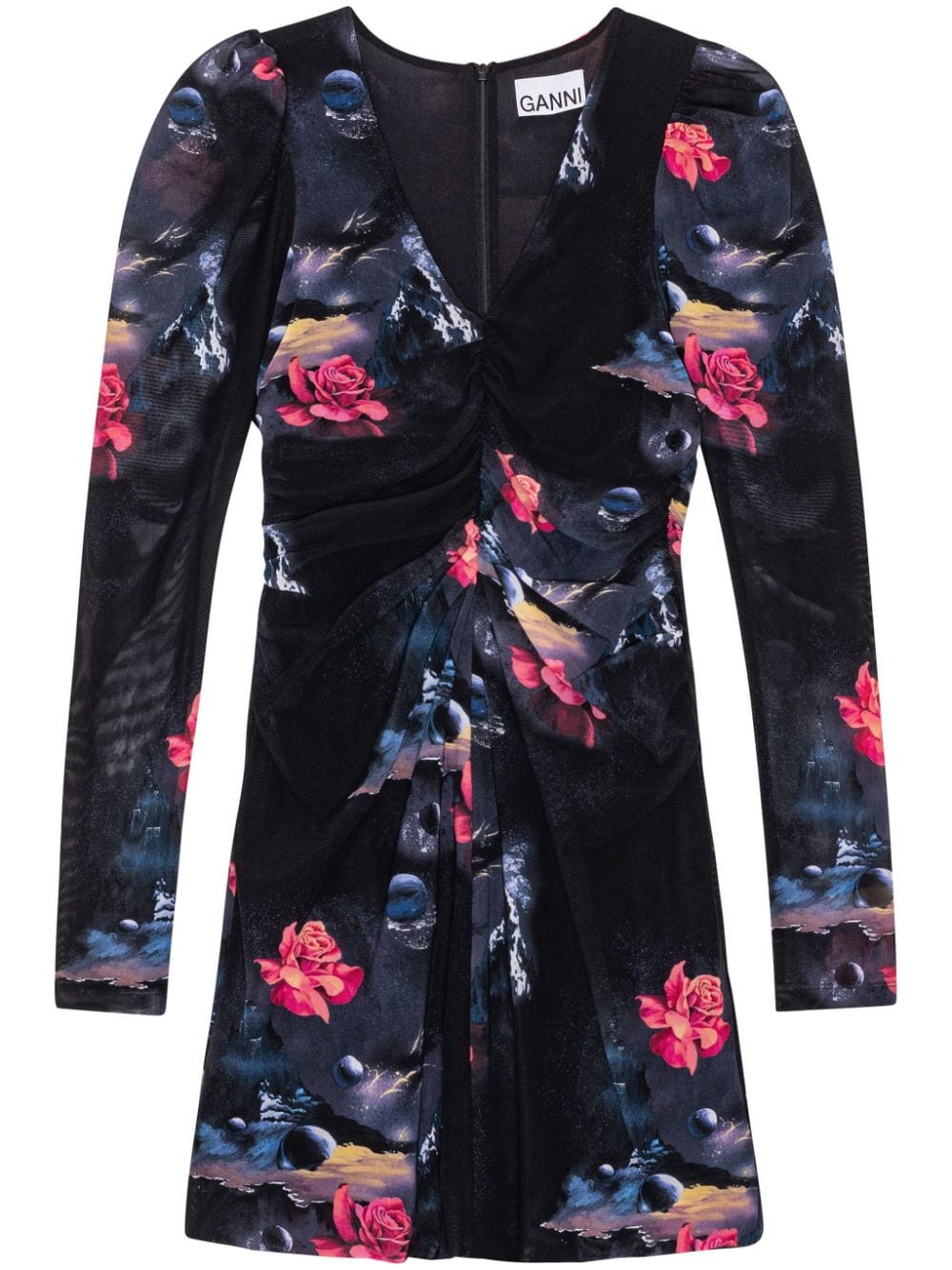 graphic-print gathered minidress T3811 099 GANNI 