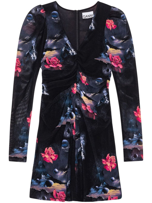 graphic-print gathered minidress T3811 099 GANNI 