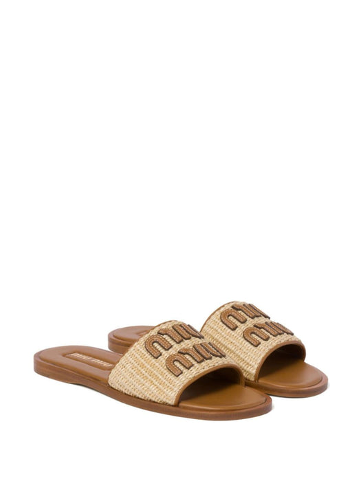 logo-patch raffia slides 5XX644 F 005 3LOMF0018 MIU MIU 