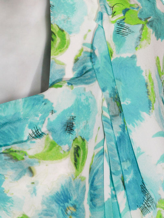 Silk jacquard dress with aquatic flower print in white and blue 26URO52388 91J CHLOÉ 