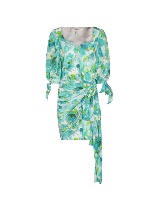 Silk jacquard dress with aquatic flower print in white and blue 26URO52388 91J CHLOÉ 