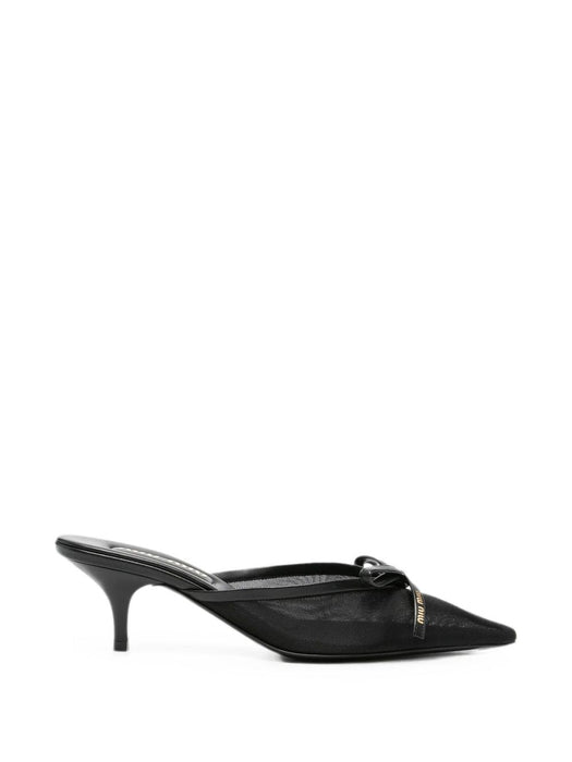 Black Mesh & Leather Heeled Mule<BR/> 5R594E F 055 099F0002 MIU MIU 