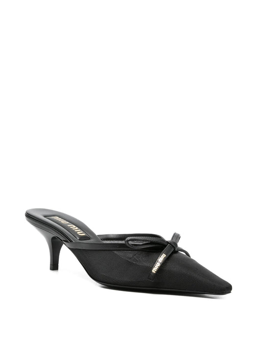 Black Mesh & Leather Heeled Mule<BR/> 5R594E F 055 099F0002 MIU MIU 