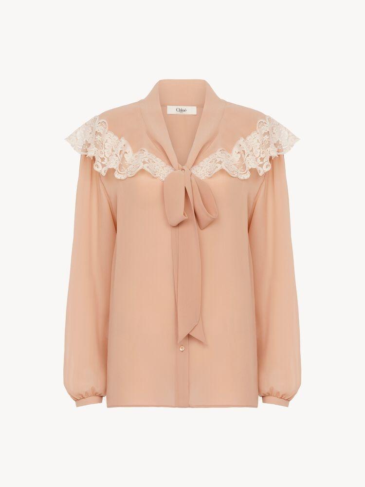 Tie-front gathered blouse in silk georgette & lace CH26AHT38002 6H7 CHLOÉ 