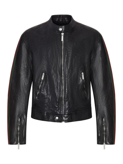 Leather biker jacket with Web 865374 XNBC4 1060 GUCCI 
