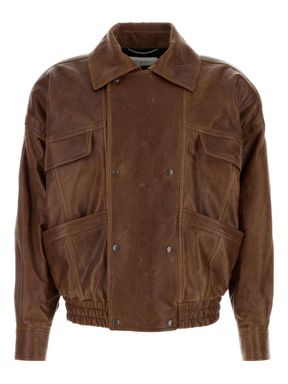 double-breasted pocket-leather jacket<BR/> 843931 YCSX22800 SAINT LAURENT 