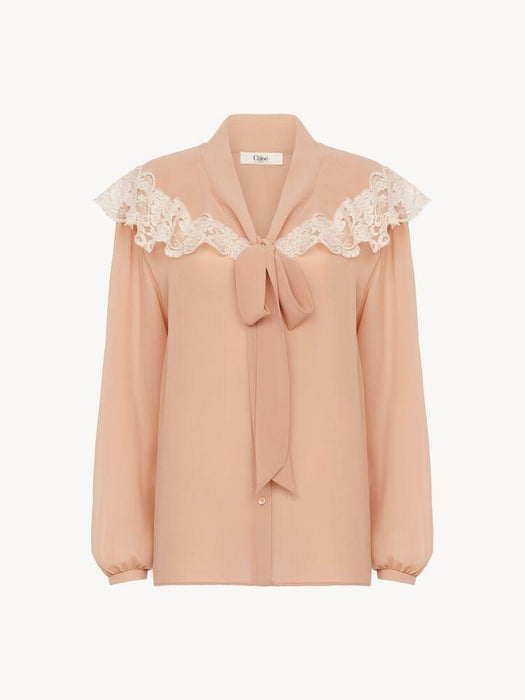 Tie-front gathered blouse in silk georgette & lace CH26AHT38002 6H7 CHLOÉ 
