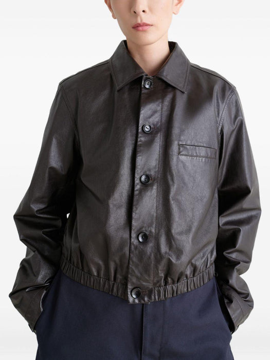 buttoned-up elasticated leather jacket<BR/><BR/><BR/><BR/><BR/> OW1158 LL0146BR560 LEMAIRE 