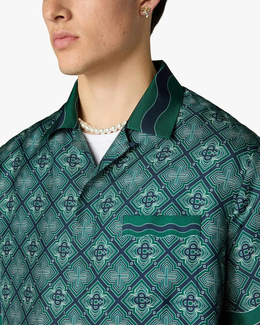 Dark Green Radiating Monogram Short Sleeve Silk Shirt M-PF26-SH-003-08  CASABLANCA 