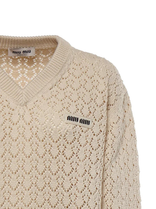 Pointelle-knit logo-patch sweater MML05Z 191AF0304 MIU MIU 