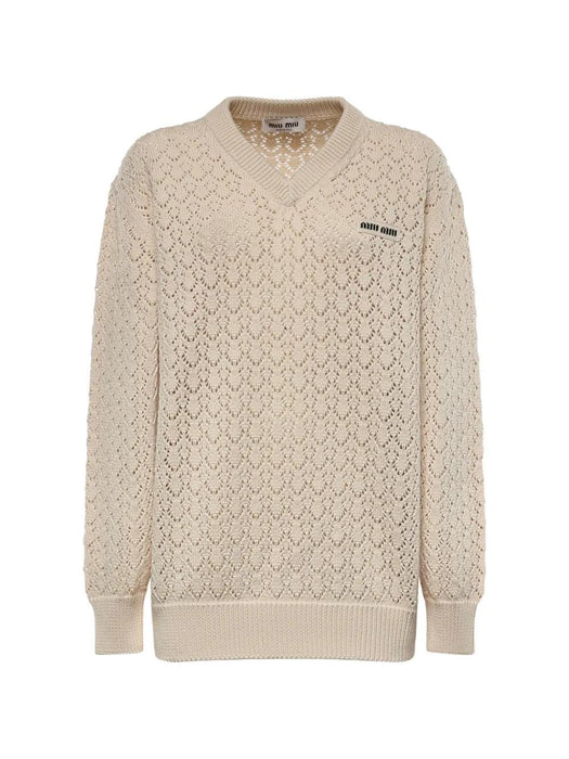 Pointelle-knit logo-patch sweater MML05Z 191AF0304 MIU MIU 