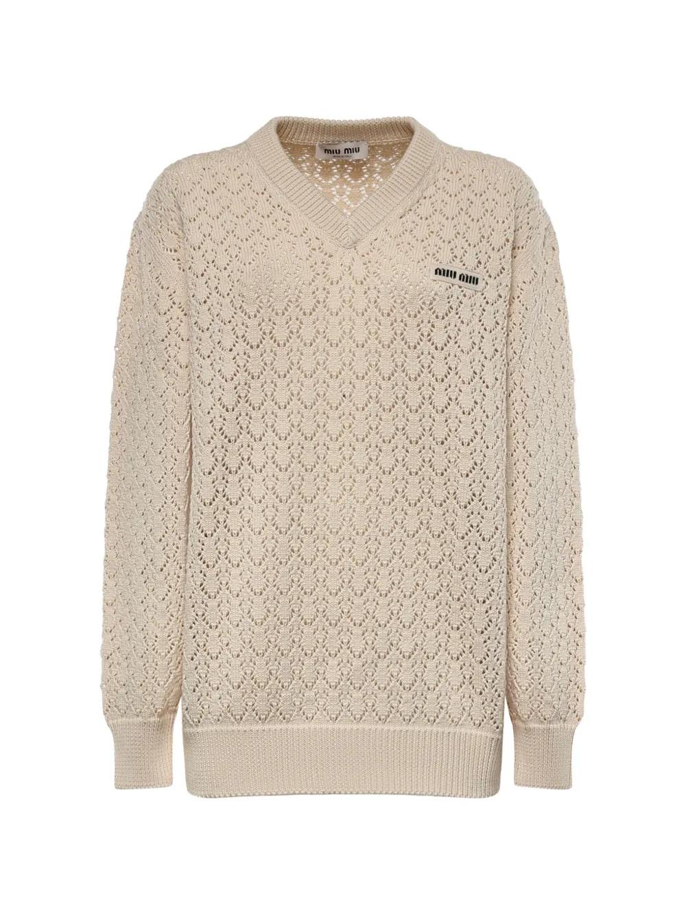 Pointelle-knit logo-patch sweater MML05Z 191AF0304 MIU MIU 