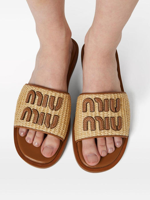 logo-patch raffia slides 5XX644 F 005 3LOMF0018 MIU MIU 