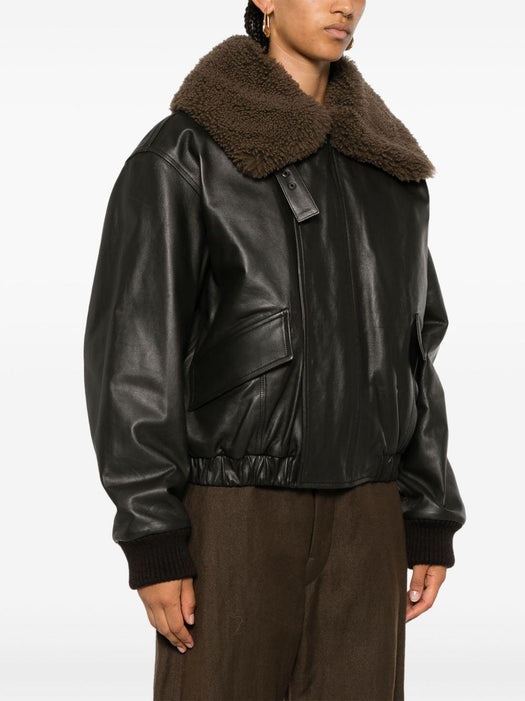 leather blouson with shearling collar<BR/><BR/><BR/><BR/> OW1043 LL0095BR507 LEMAIRE 